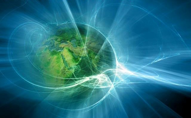 Earth surrounded by radiant blue cosmic energy.