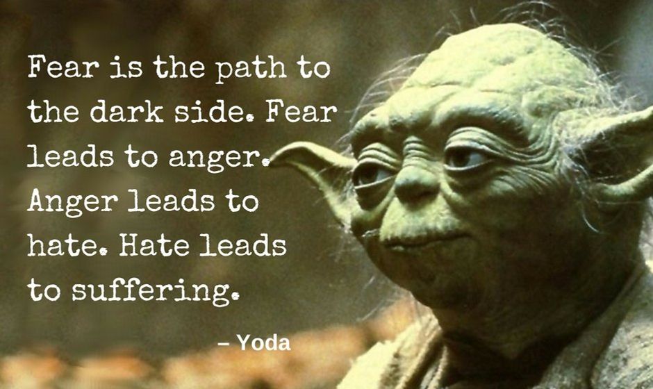 Fear is the path to the dark side. Fear leads to anger. Anger leads to hate. Hate leads to suffering. — Yoda